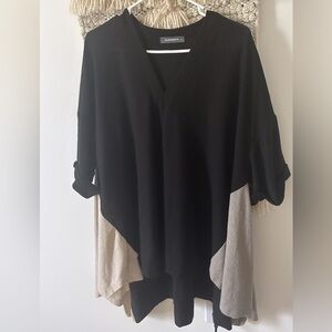 Alembika V-Neck Long Tunic Blouse Top Colorblock Black Size Medium Lagenlook